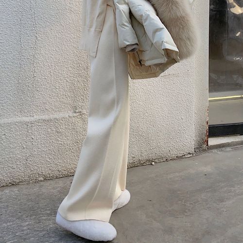 米白色阔腿裤秋冬高腰奶油裤裤子女小个子直筒宽松加厚针织拖地裤