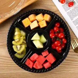 一次性水果盒果盘拼盘打包包装盘果切盒子鲜果切透明 600克双格黑底50