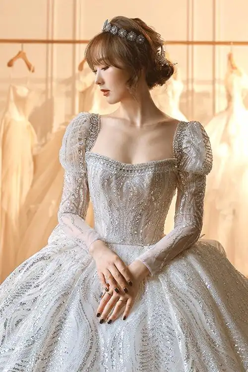 婚纱主婚2021新款气质新娘小个子星空梦幻长袖婚纱