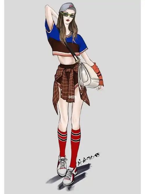 日常插画运动穿搭马甲线女孩