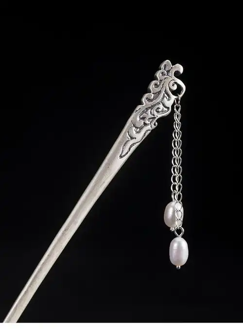 s925银古风汉服头饰复古宫廷清代老簪子女泰银珍珠流苏步摇发簪