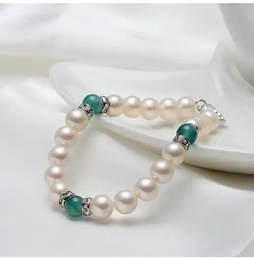 京润 赐福 6-7mm圆形 白色淡水珍珠玛瑙手链 520送女友婆婆