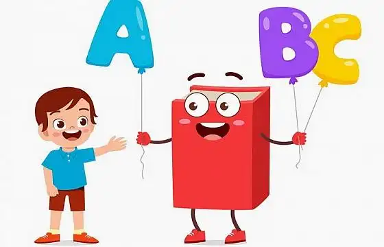 卡通儿童和书本拿着字母气球快乐学英语png图片免抠矢量素材