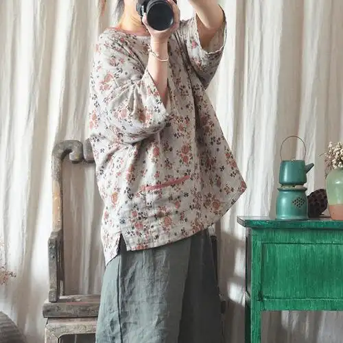 夏季新款现货苎麻复古印花宽松显瘦口袋圆领上衣 - 17网