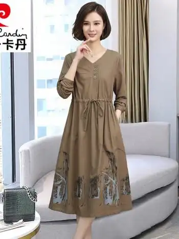 品牌轻奢高档女装v领棉麻连衣裙中长款女装2022年春装新款春秋亚麻料