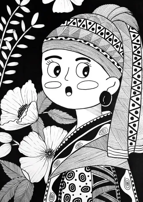 黑白装饰画名画转线描戴珍珠耳环的少女