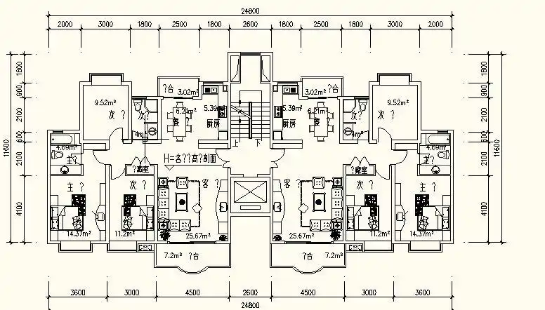 户型[1704] 一梯两户,小高层,120㎡ 资料编号:dwg_house_plan_yellow