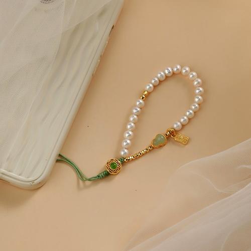 原创小众设计天然珍珠手机链挂件手腕挂绳小清新绿色高级文艺温婉
