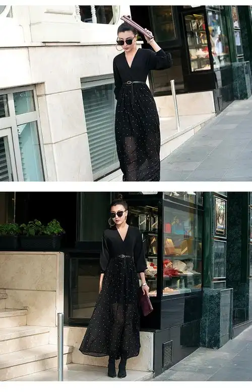 威娅纪波点连衣裙2018新款女秋装名媛飘逸显瘦复古雪纺气质长裙 黑色