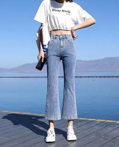 裤九分裤女学生休闲韩版宽松喇叭裤百搭显瘦夏天女生裤子蓝色九分s