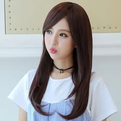 假发女中长斜刘海逼真自然长直发 梨花头微卷修脸长发气质全头套