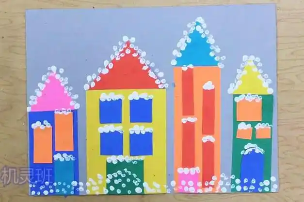 幼儿冬季手工卡纸拼贴画下雪后的房子(步骤图解)6