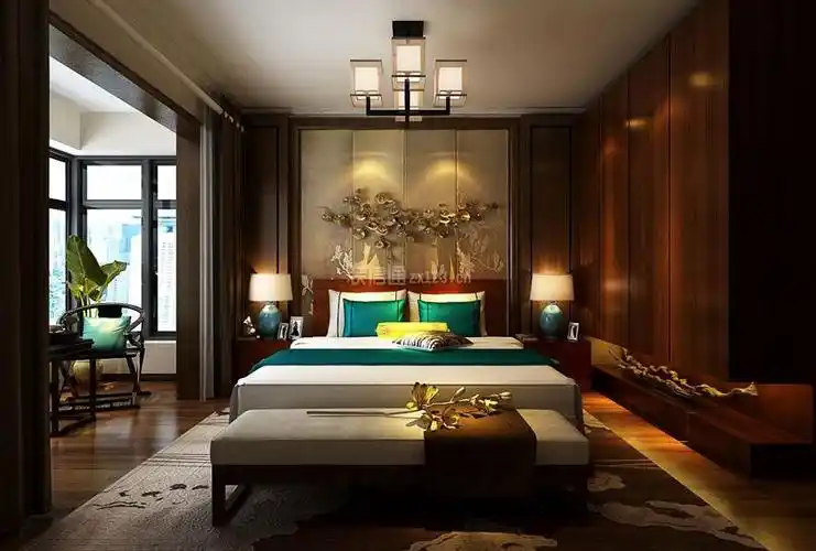 新中式风格116平方米三居卧室背景墙装修效果图