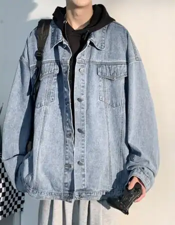 ins潮牌牛仔夹克韩版时尚翻领大码潮流牛仔衣男夹克学生衣服浅蓝色l