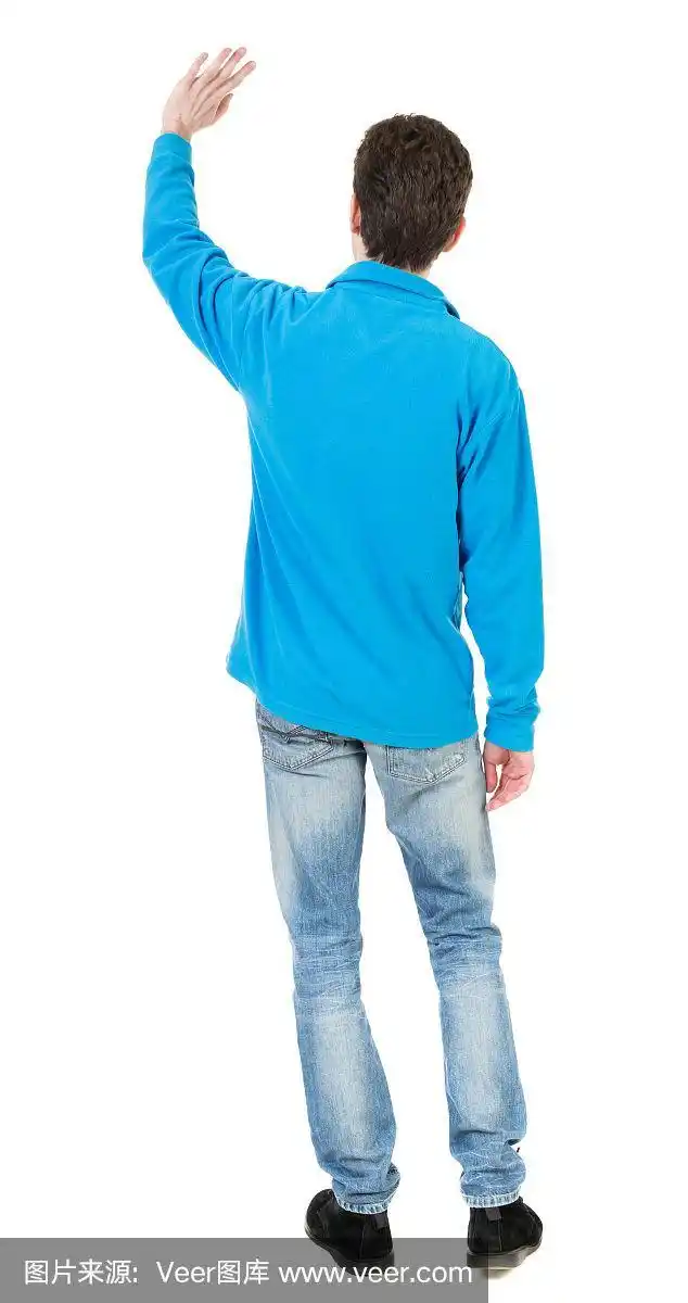 背影英俊的男子打招呼挥手从他的手
