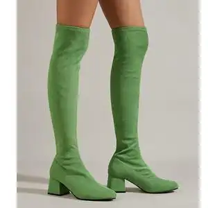靴子长靴女粗跟高跟鞋单里欧洲站时尚绿色绒面单里欧美风秋瘦瘦靴