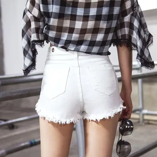 白色牛仔短裤女夏2018新款高腰金属孔韩版弹力显瘦紧身时尚热裤薄