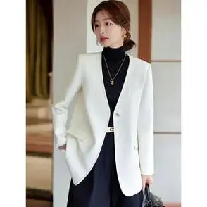 小香风白色西装外套女春秋新款休闲气质小个子大码宽松无领小西服
