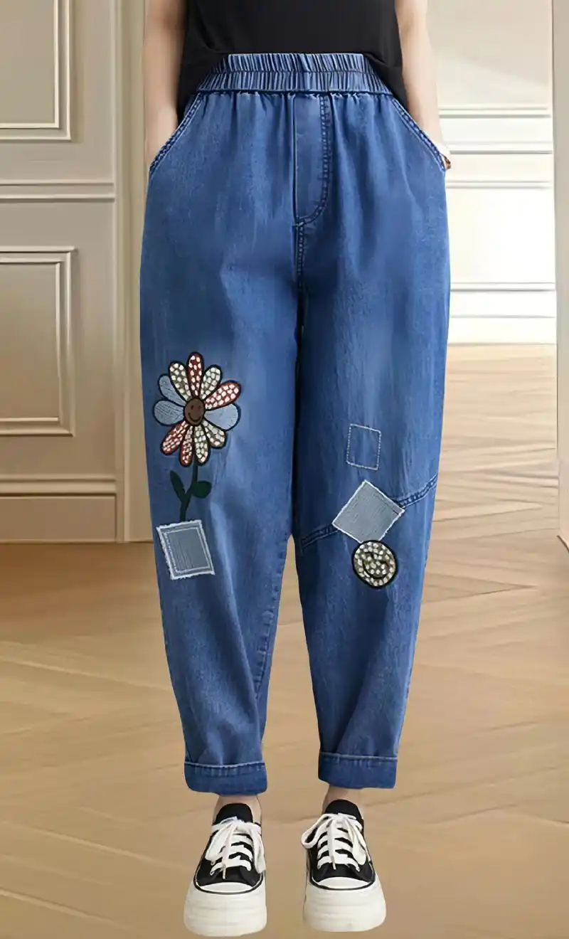 休闲大码刺绣牛仔裤.#图文伙伴计划2024 新款刺绣弹力牛仔
