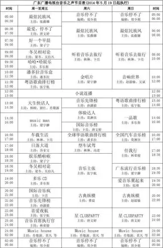 广东广播电视台音乐之声节目表(2014年5月19日起执行)