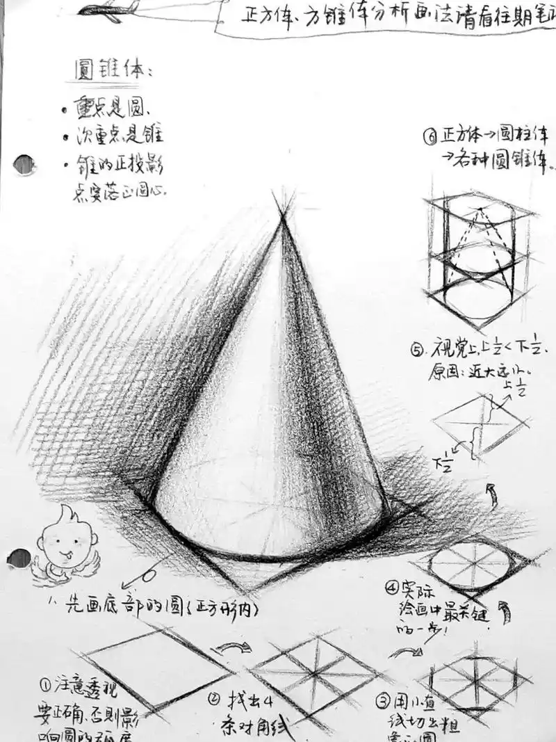素描教程【圆锥体画法】分析 圆 锥=圆锥