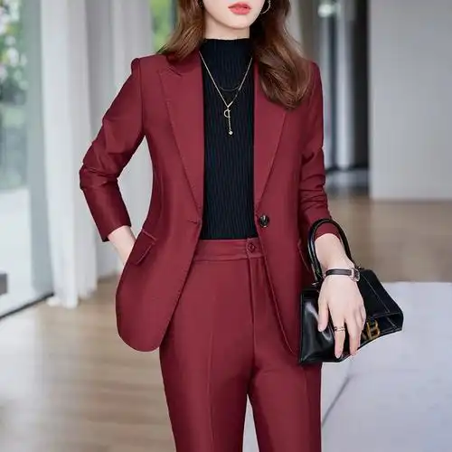 套装女2023新款气质女神范西服外套通勤经理职业装正装酒红色西装