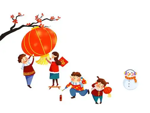 彩色手绘卡通新年春节习俗挂灯笼人物元素png素材