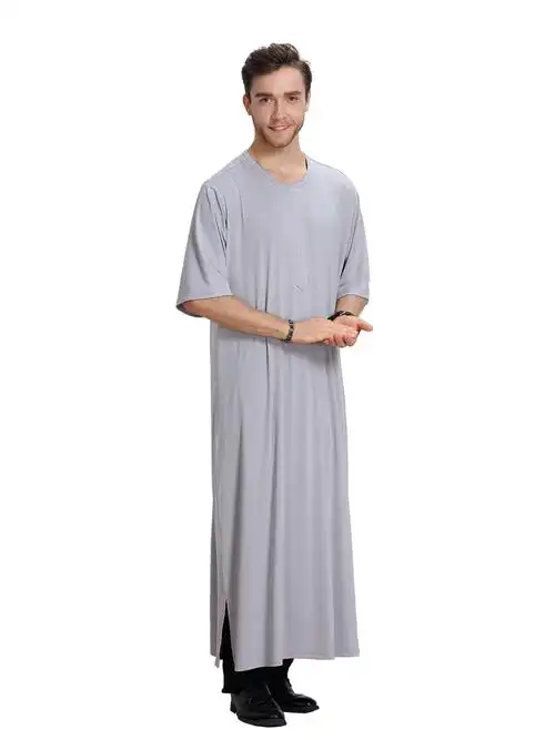 中东迪拜长袍沙特阿拉伯服装夏季男士长衫旅游民族学生表演服白色v领
