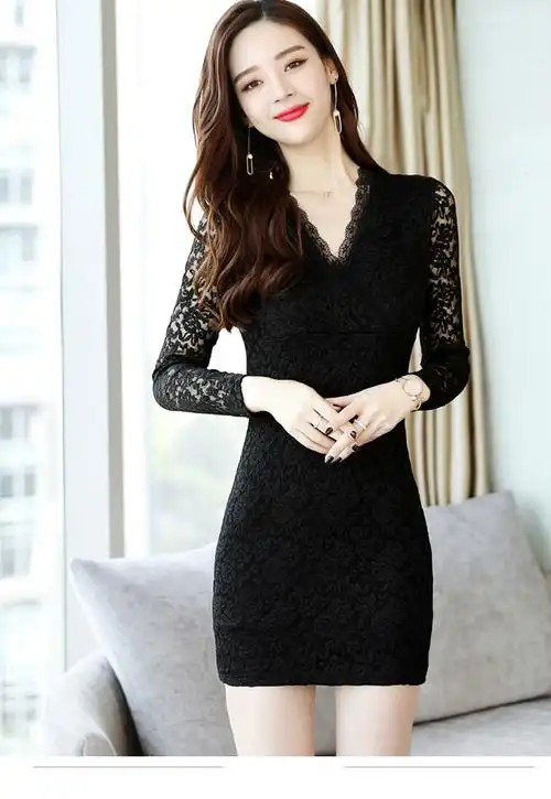 恒源祥官方品牌显瘦修身显瘦洋气打底裙女士气质v领包臀长袖镂空蕾丝