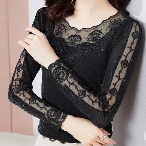 漂亮时尚的小衫网纱蕾丝打底衫花边镂空上衣西装内搭女春秋长袖