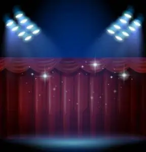 舞台剧背景红色的窗帘和许多灯舞台照片