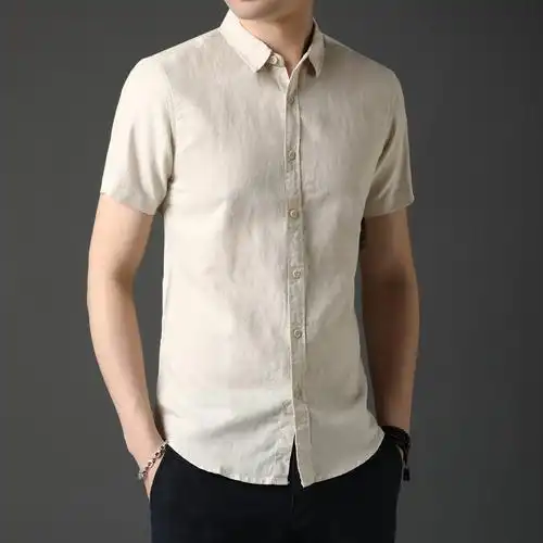短袖男士衬衫亚麻夏装青年男式时尚韩版修身薄款棉麻纯色半袖衬衣