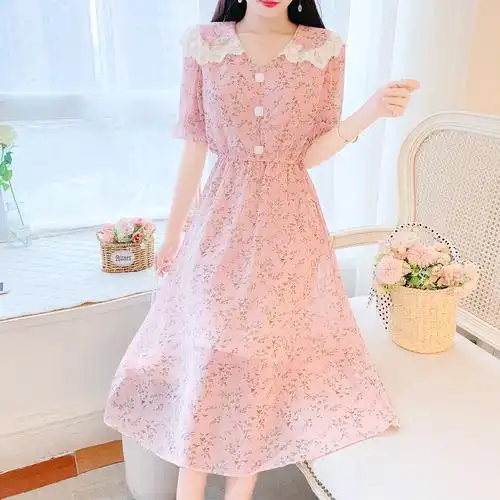 实拍新款 2021夏季蕾丝边娃娃领小碎花连衣裙过膝长裙