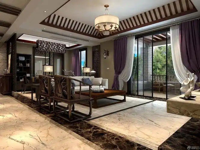 三室两厅两卫样板房中式客厅窗帘装修效果图欣赏