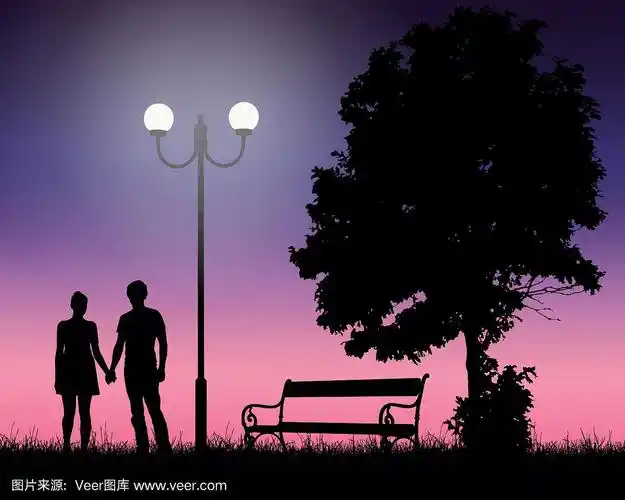 两个年轻的恋人牵手树下和粉红色的天空发光的灯,适合作为情人节的