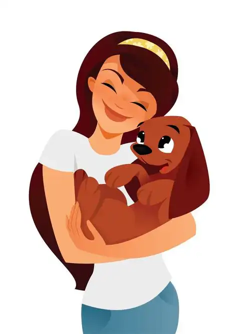 卡通手绘插画开心抱着狗的女人