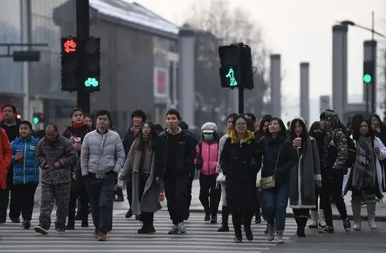 图为:杭州街头大量行人匆忙过马路 王刚 摄