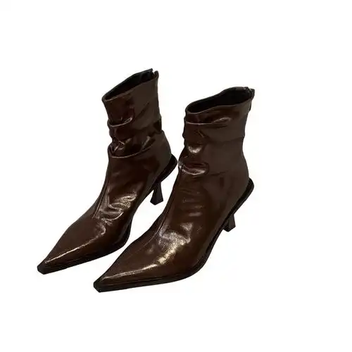 高跟尖头法式小短靴女鞋2023新款秋冬季堆堆靴白色瘦瘦韩系小踝靴