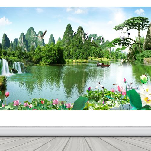 招财画桂林山水甲天下流水生财贴纸墙贴自粘荷花迎客松小船瀑布画