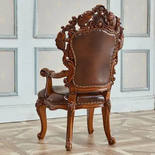 欧式做旧扶手背椅雕花实木真皮椅子餐椅古典餐椅