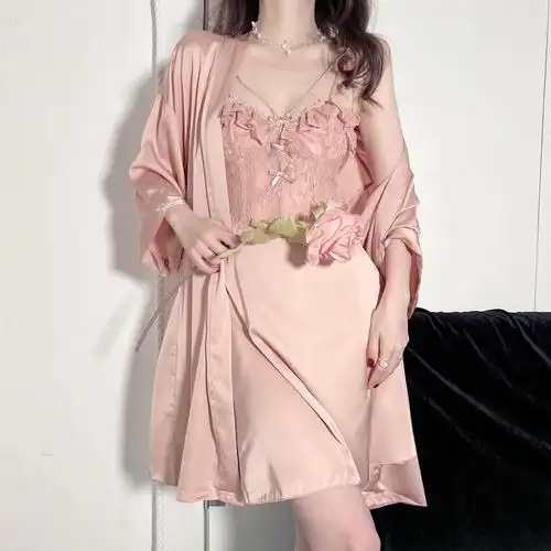 粉色性感睡衣女夏季冰丝夏季薄款仿真丝睡裙蕾丝吊带裙胸垫家居服