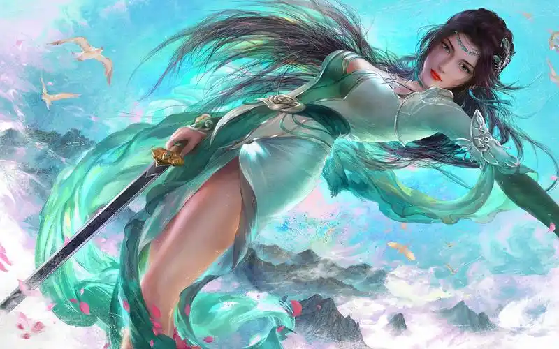 持剑的绿衣古风美女动漫电脑壁纸