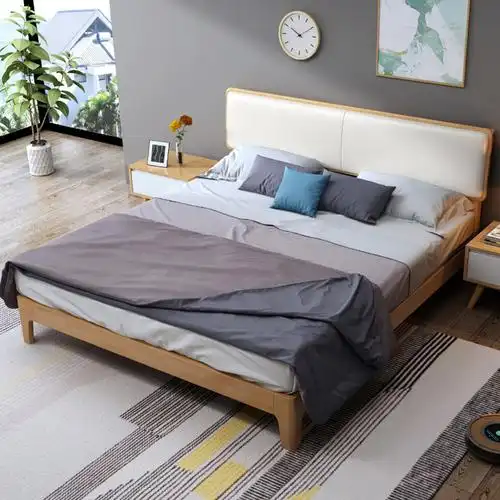 北欧日式实木床1.5m1.8米双人床主卧室床现代简约白色软包床