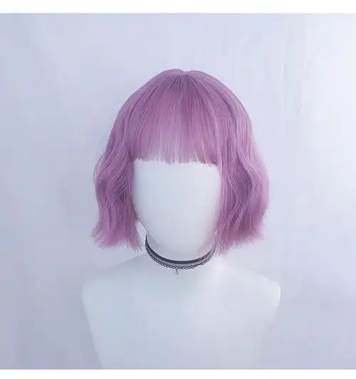 天使丝丝假发女短发短卷发网红紫色软妹中长假发套黑棕色