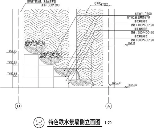 特色跌水景墙侧立面图
