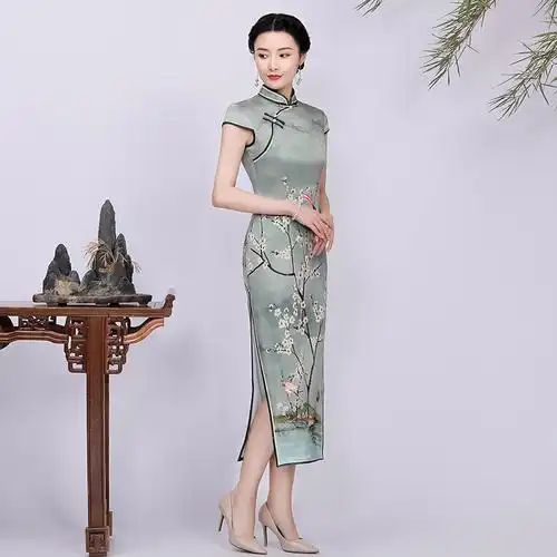 钱塘佳人桑蚕蚕丝真丝旗袍女长款气质优雅中国国风旗袍