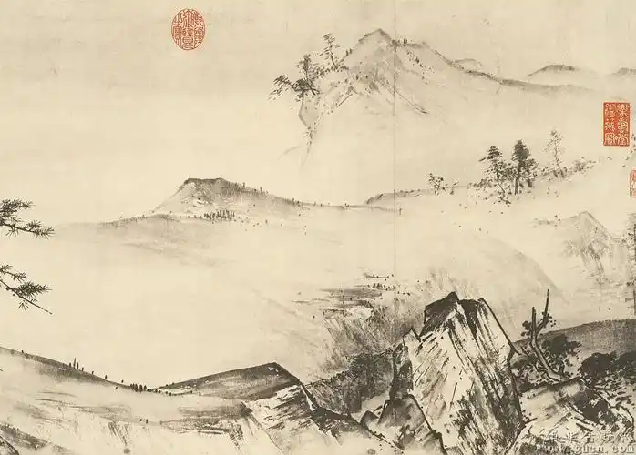 《溪山清远图》宋 夏圭 整体与局部图