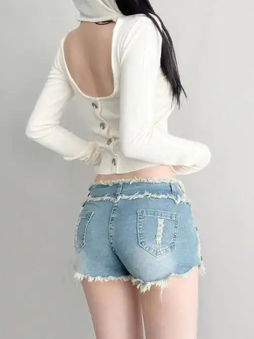 韩版甜辣时尚少女辣妹热裤低腰性感超短牛仔短裤拼接毛边短裤子 - 17