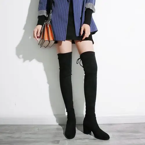 2017新款秋冬过膝长靴女瘦腿马丁靴女靴弹力靴粗跟高跟长筒过膝靴