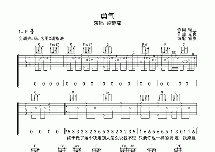 勇气吉他谱梁静茹c调吉他弹唱六线谱睿影编配